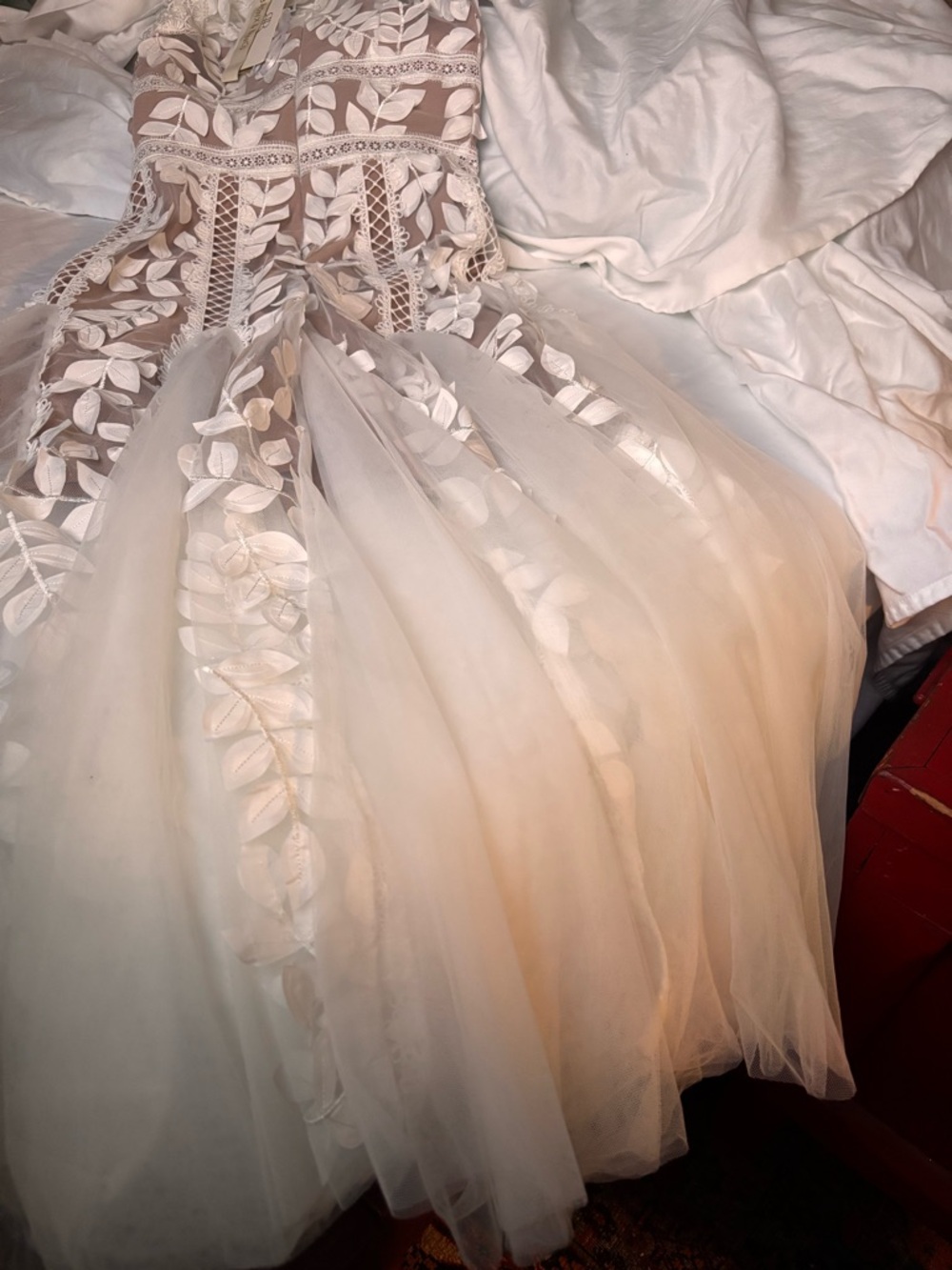 Bronx and Banco White Lace Appliqué Maxi Gown with Nude Lining - Picture 6 of 12